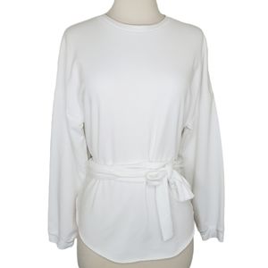Zara Trafaluc White Crewneck Sweatshirt Top Longsleeve Unique Tie Waist  Sz S
